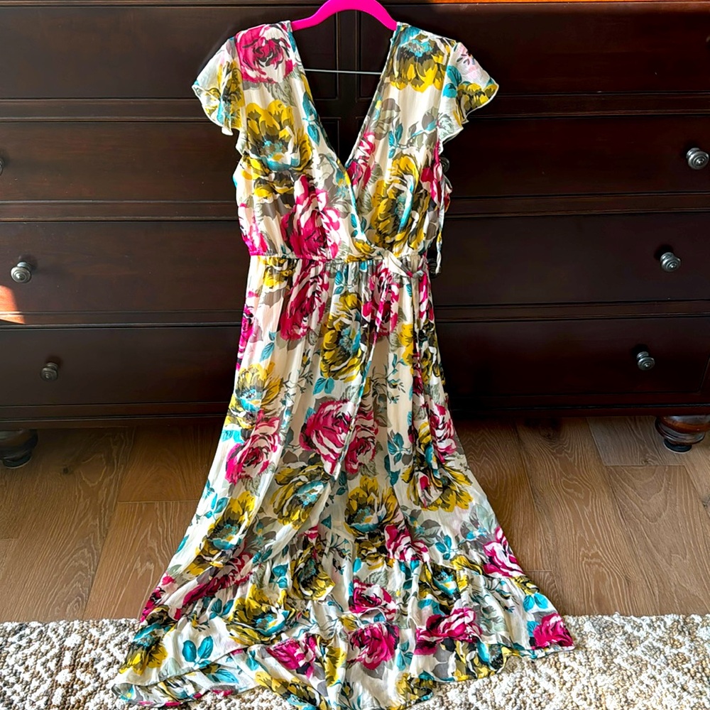 Band of Gypsies Floral Maxi Dress in Cream, Pink, Yellow & Teal